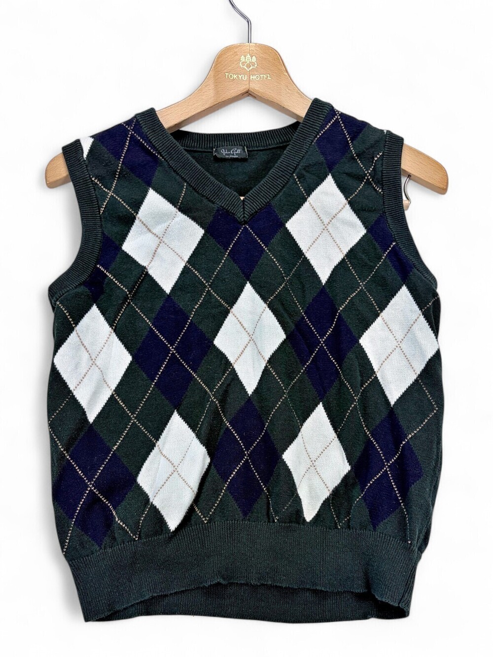 John Galt Argyle V-Neck Cotton Sweater Vest Green Navy White S